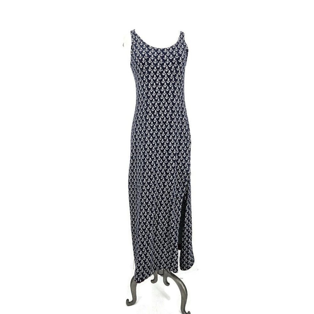 Vintage Fritzi of California Tank Maxi Dress Womens L? Navy Blue Anchors Slit